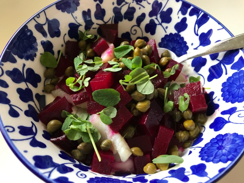 Yogurt, herring, diced beets, capers and sprouts