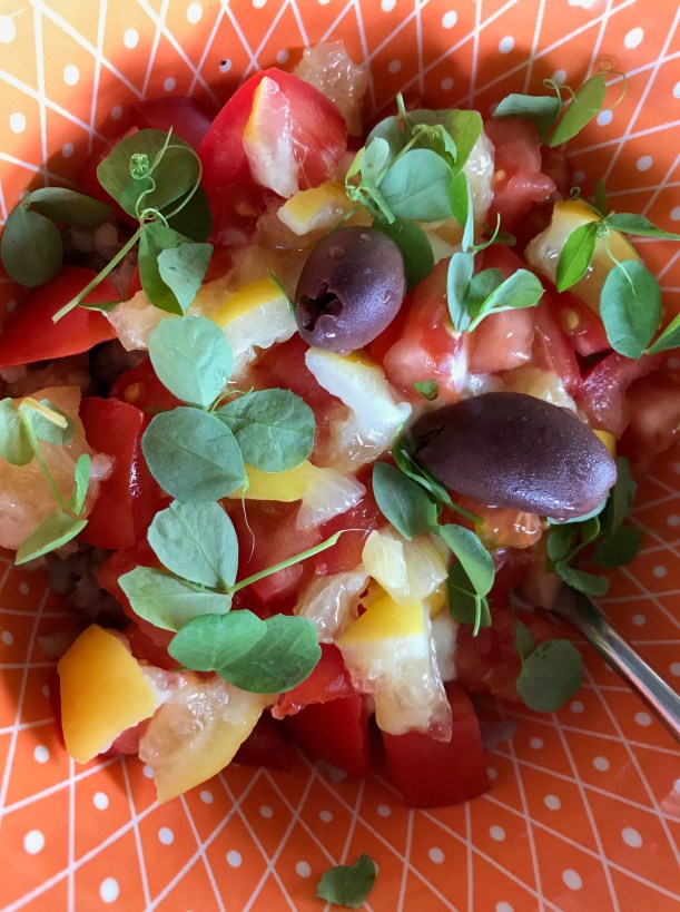 yogurt with preserved lemons, tomatoes, kalamata olives and sprouts